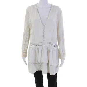 N Nicholas Womens Cotton Buttoned Long Sleeve V-Neck Blouse White Size 12